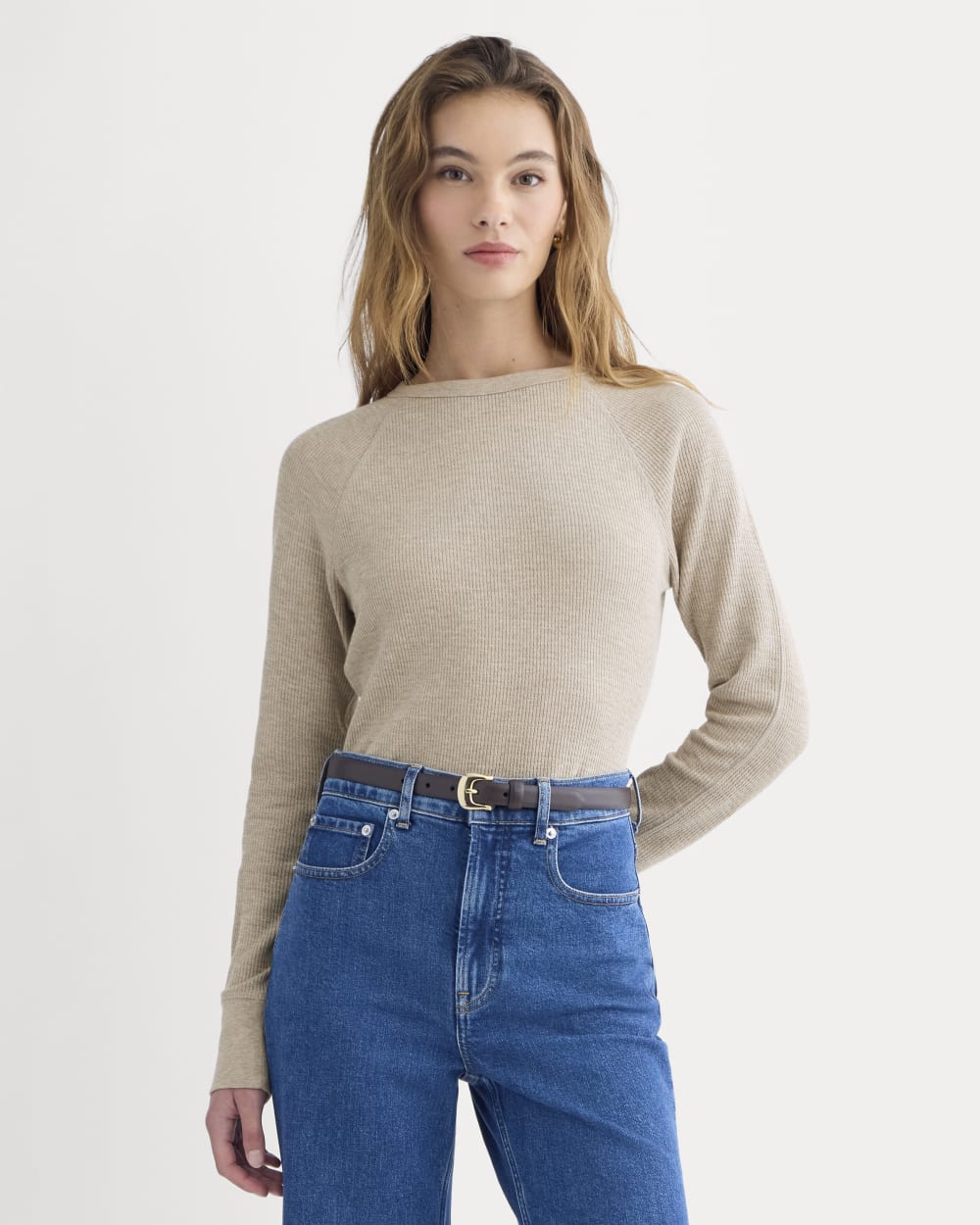 Slim-Fit Crew in Cozy Waffle in Heathered Oatmeal — front view