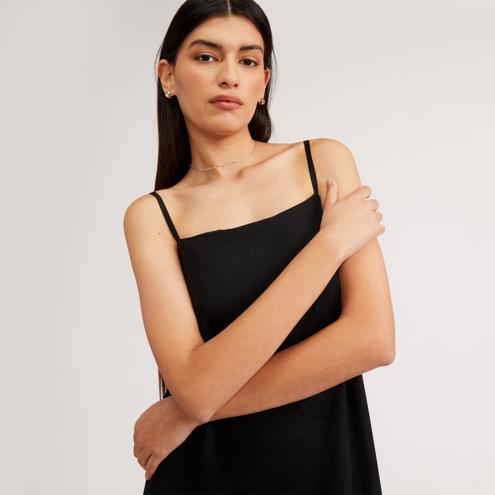 The Satin Square-Neck Slip Dress in Black — detail view