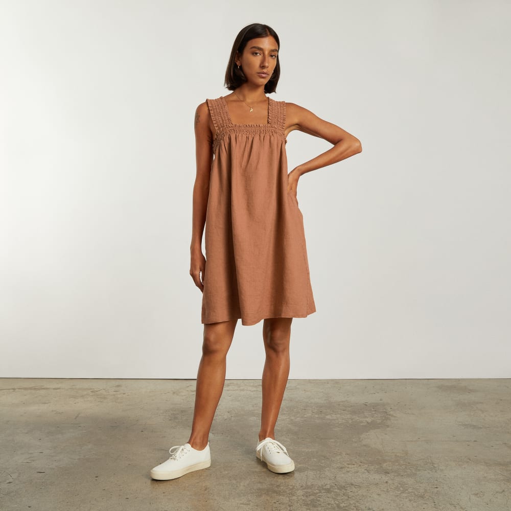 The Smocked Linen Dress in Tawny Brown — alternate view