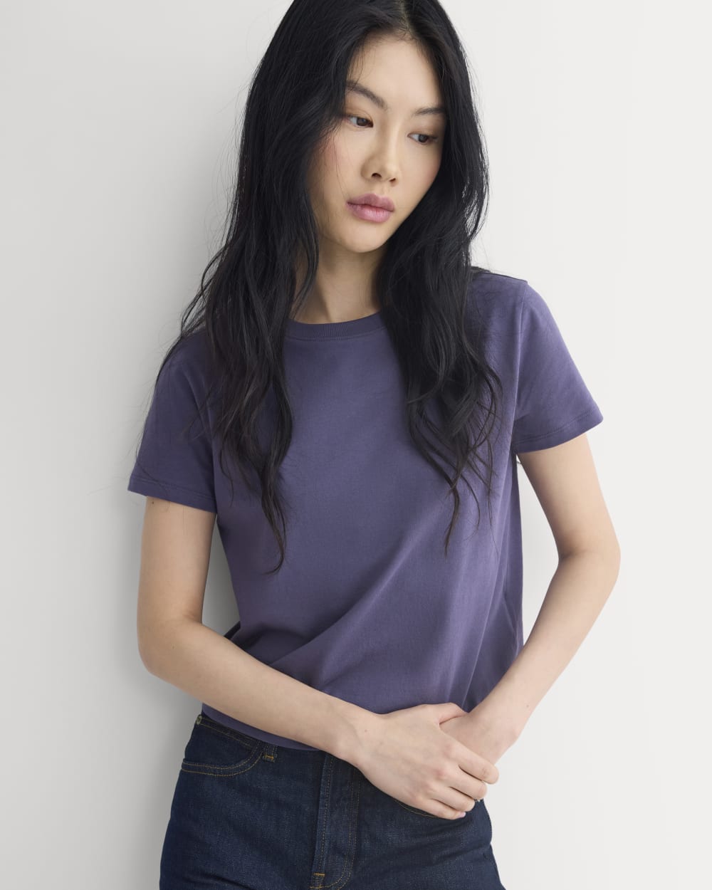 The Box-Cut Tee in Essential Cotton in Graystone — detail view