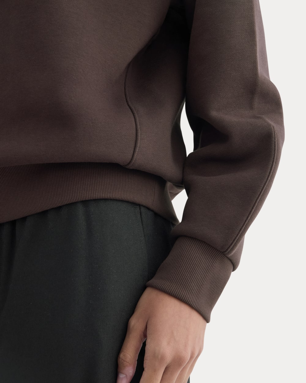 Luxe Fleece Raglan Crewneck in Dark Chocolate — detail view