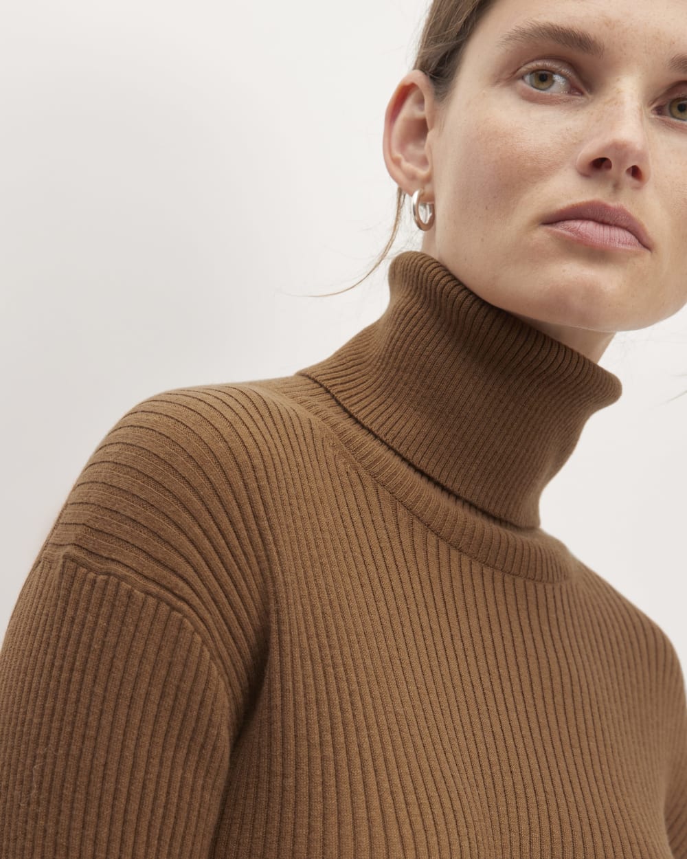 The Cotton-Merino Turtleneck Dress in Rich Camel — detail view