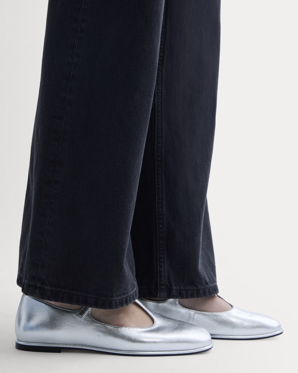 The Leather T-Strap Flat in Silver — detail view