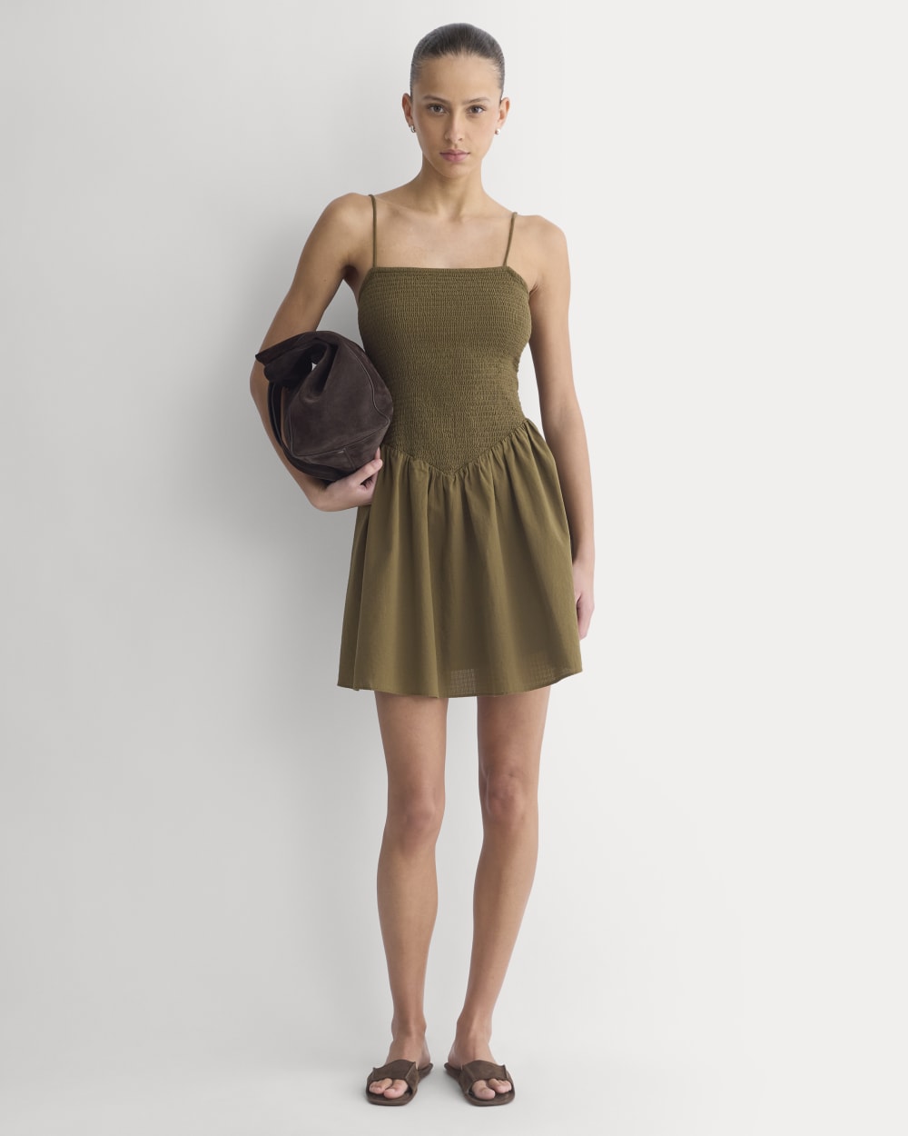 Gauze Smocked Mini Dress in Beech — front view