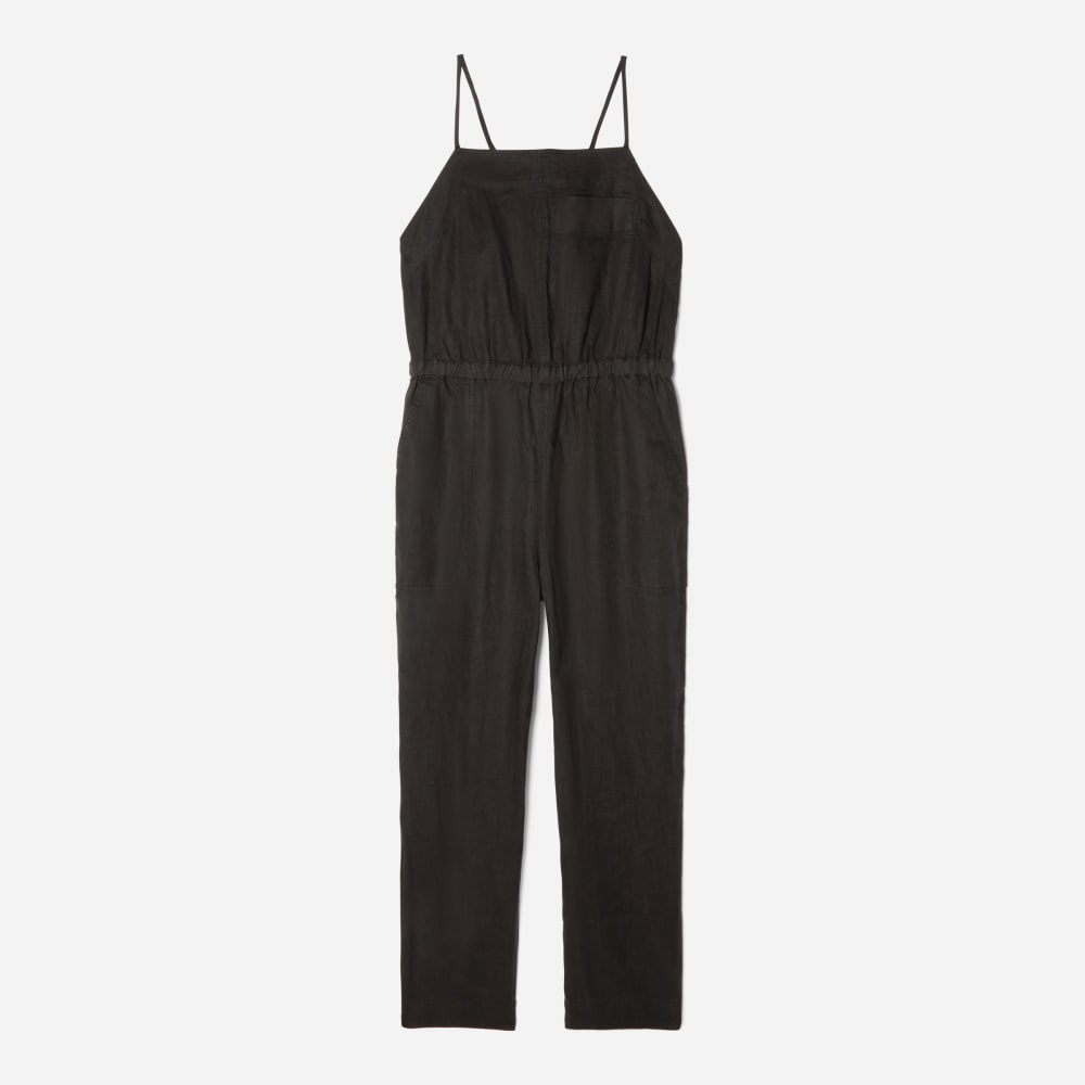 The Linen Shoestring Jumpsuit in Black — front view