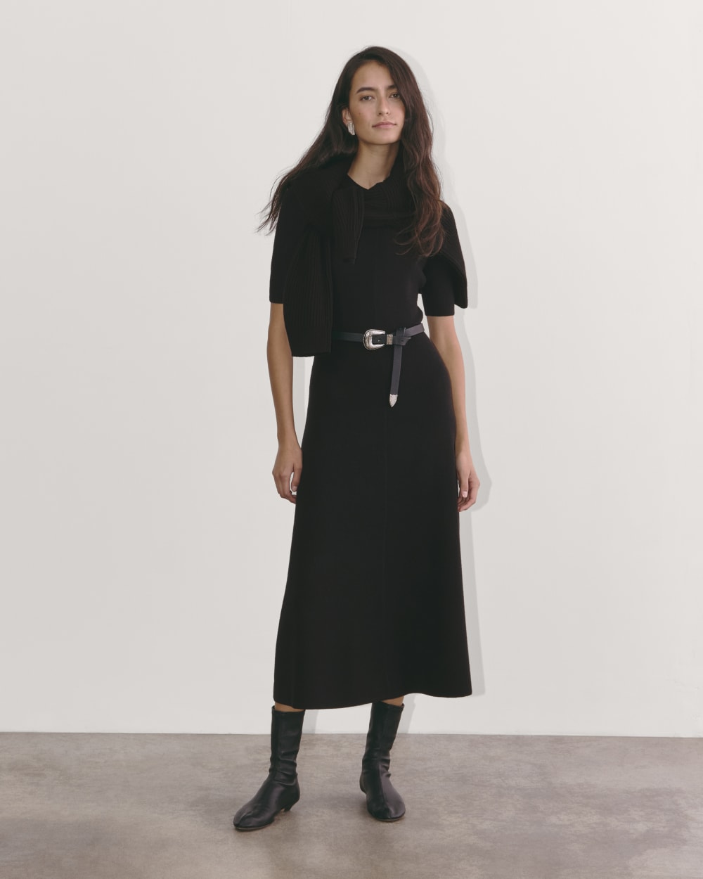 The Ribbed Sweater Dress in Black — front view