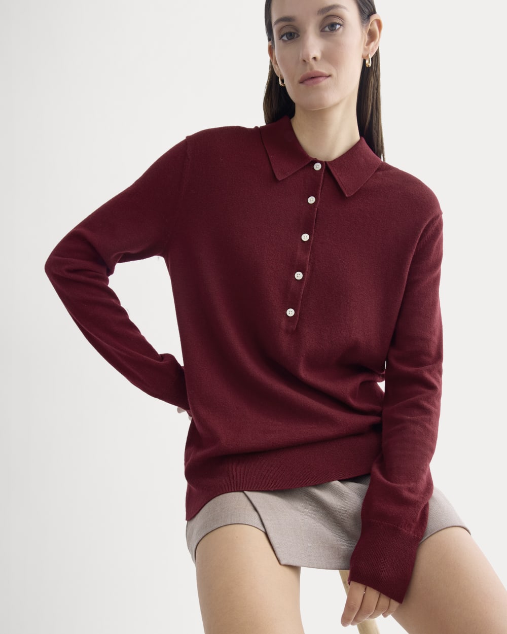 Oversized Polo Sweater in Cotton Merino in Deep Red — front view