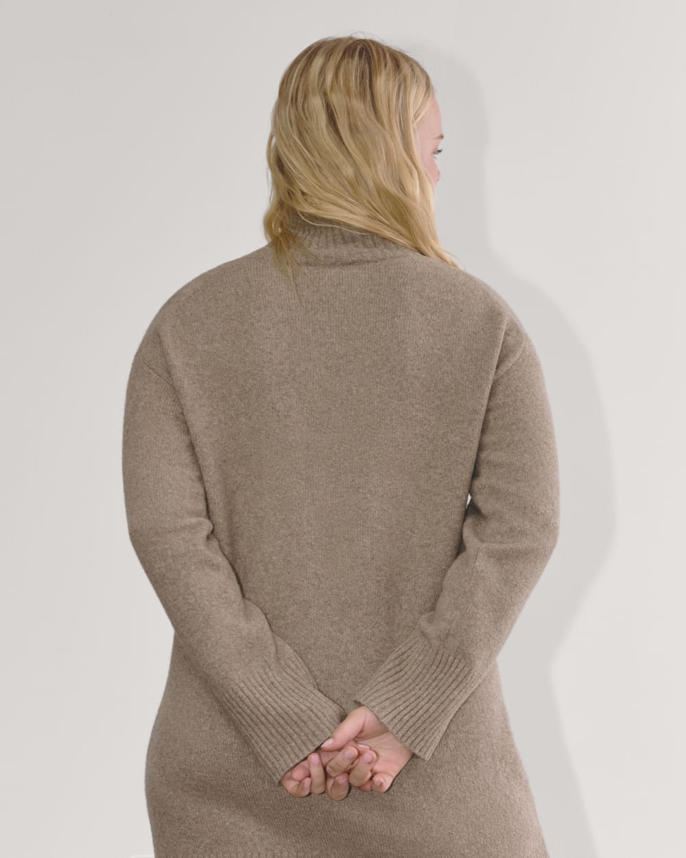 The Sweater Dress in Plush Cotton in Heather Taupe — detail view