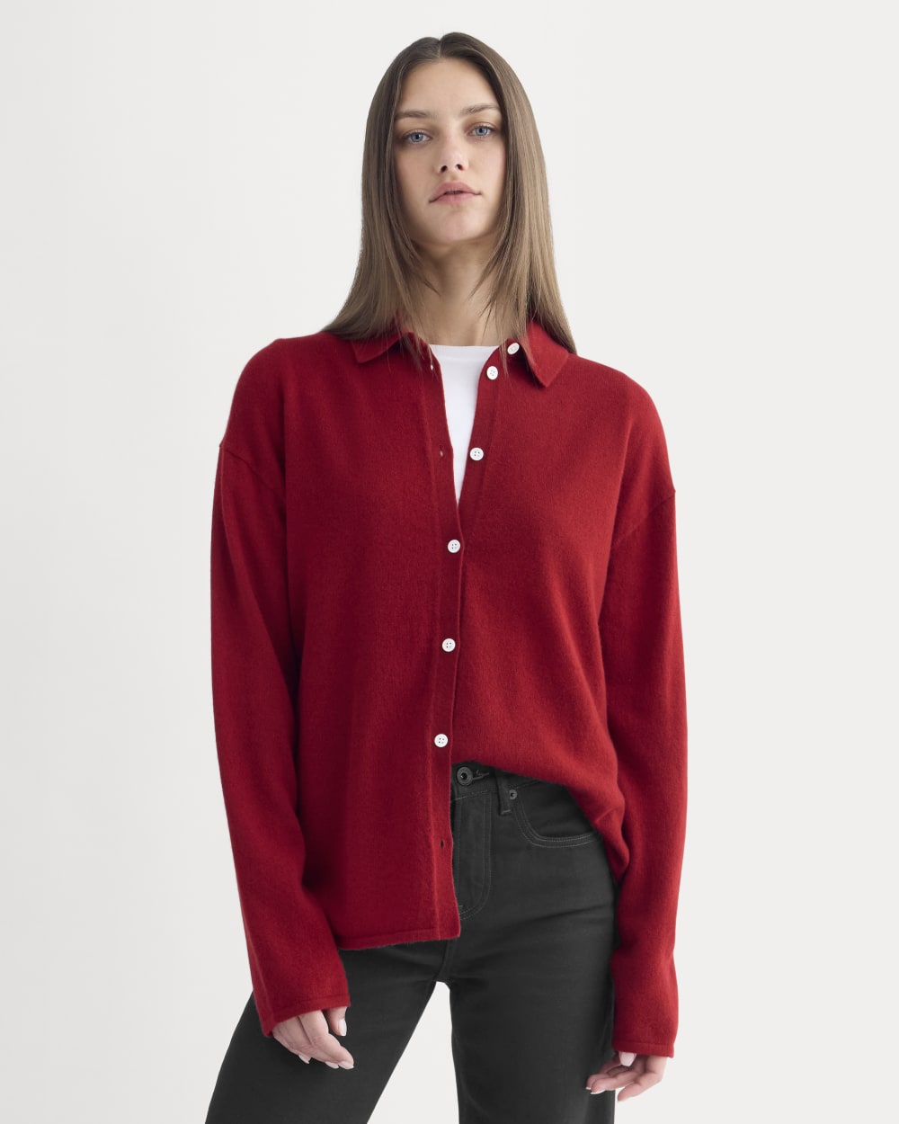 Cashmere Button-Up Shirt in Berry Red — front view