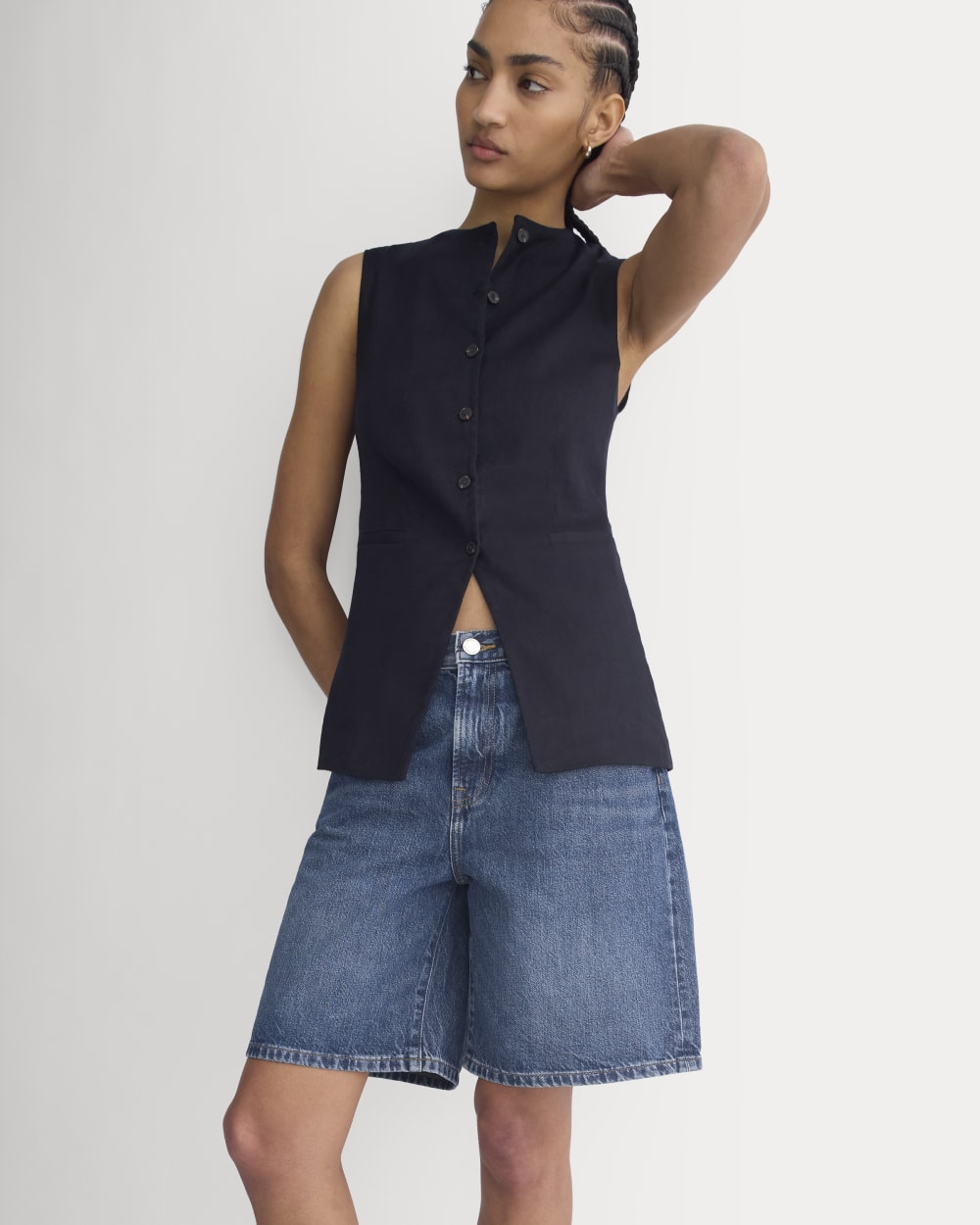 Loose Jean Short in Dark Wash — front view