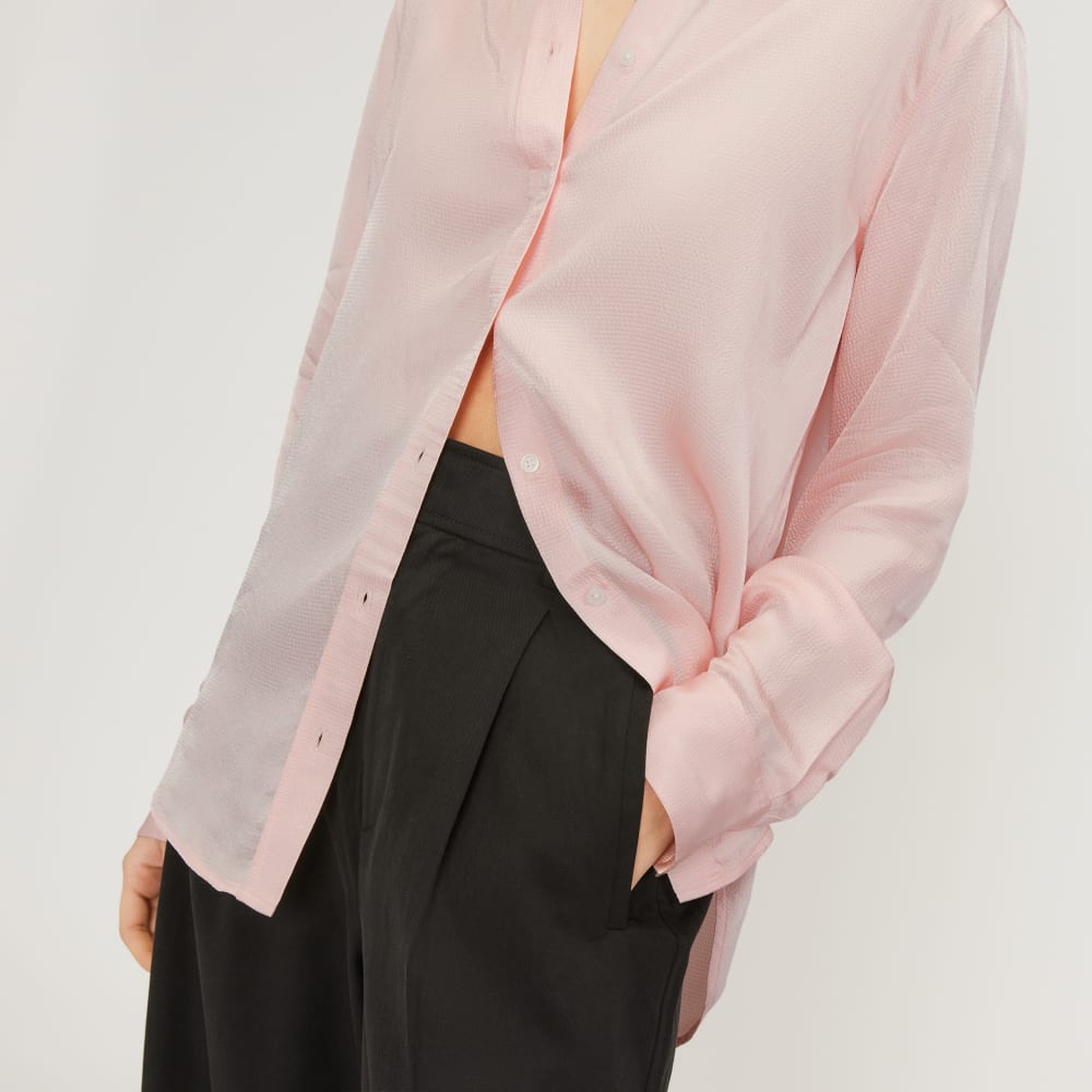 The Satin Relaxed Shirt in Petal Pink — detail view