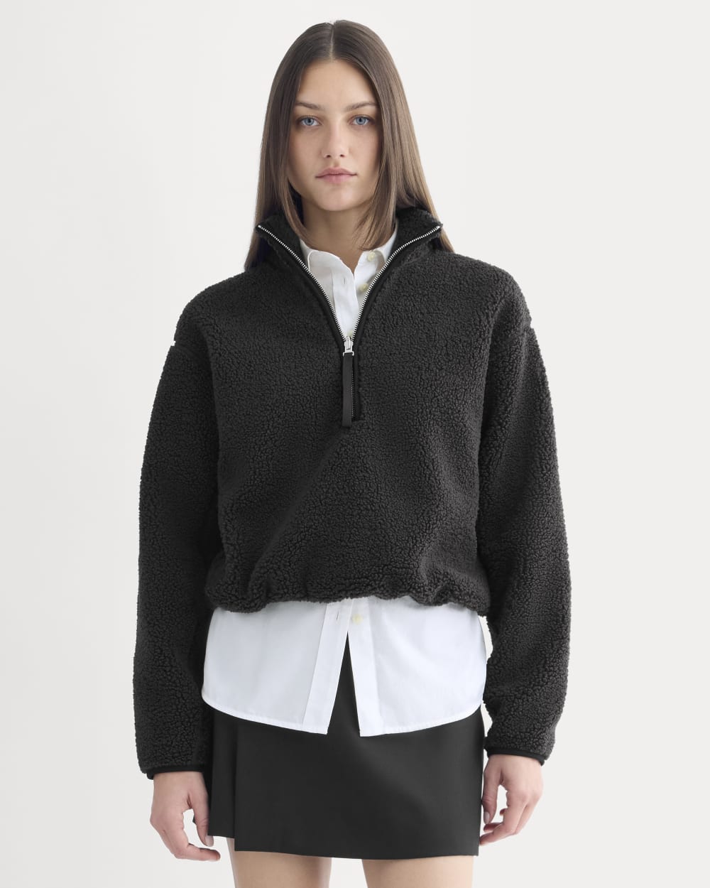 Reversible Teddy Half-Zip Pullover in Black — front view