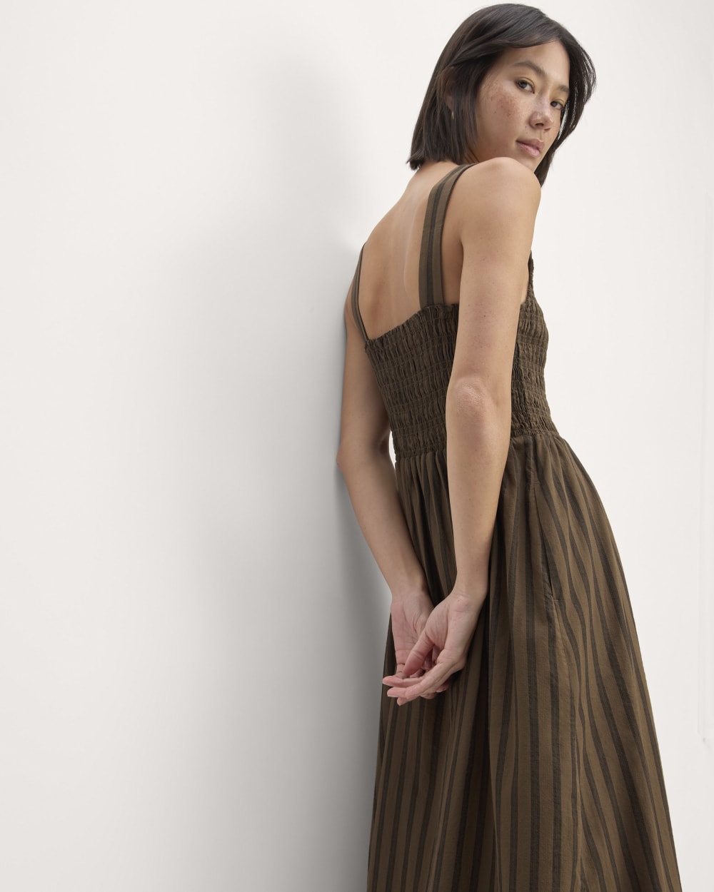 The Gauze Smock Dress in Cocoa / Black — detail view
