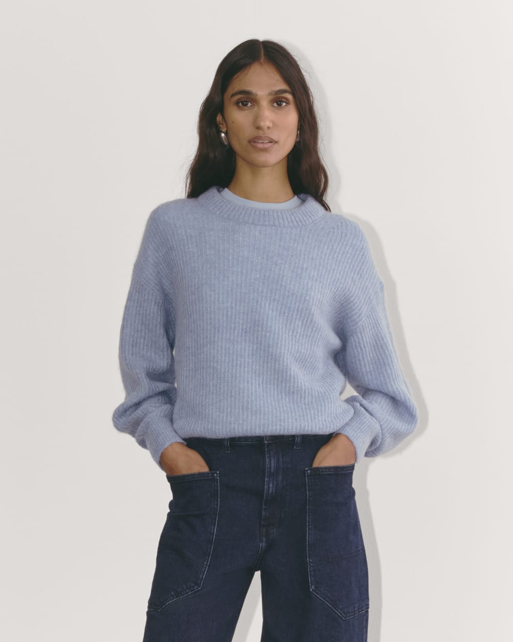 The Cocoon Crew in Alpaca in Heather Blue Slate — front view