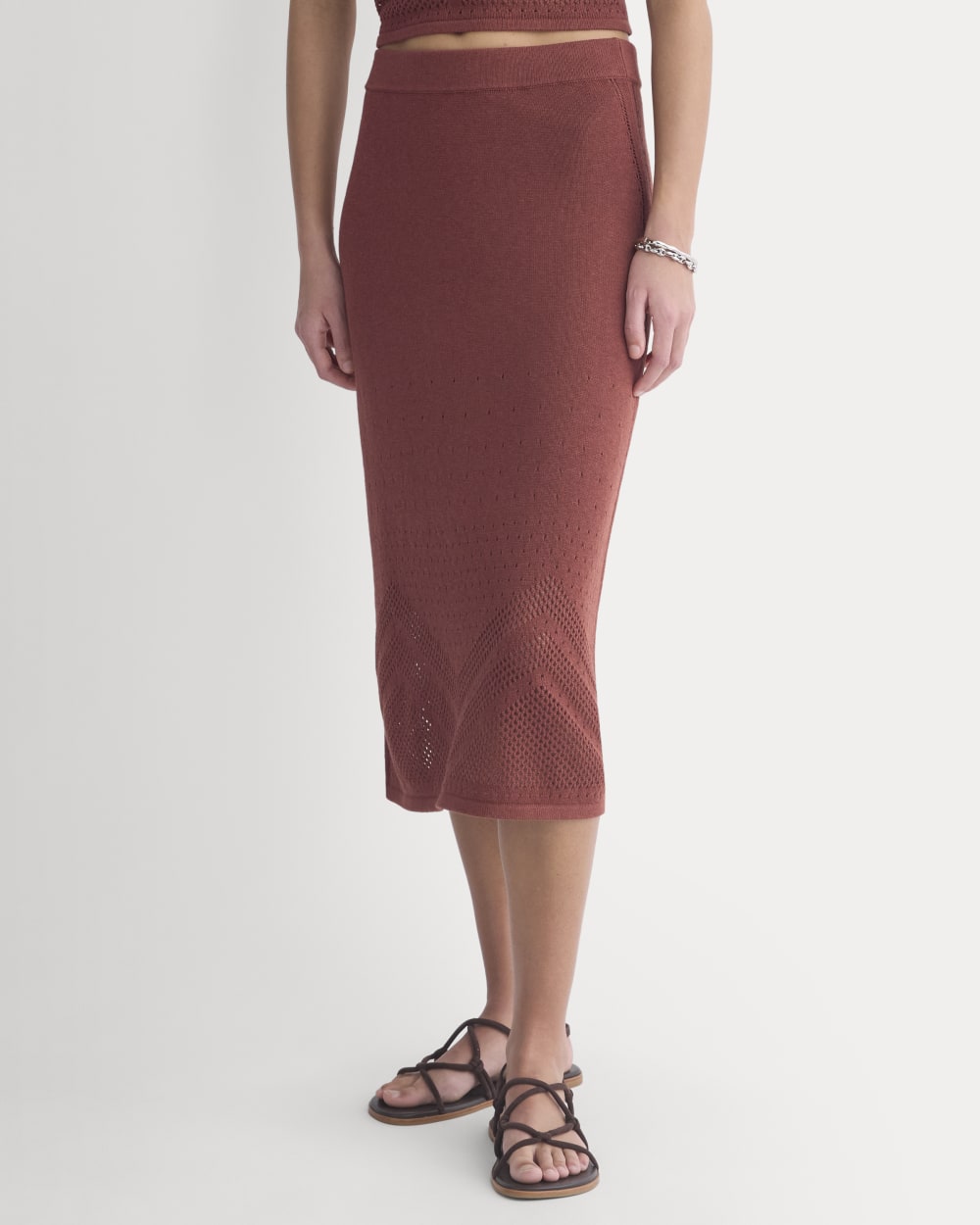 Lace-Knit Maxi Skirt in Henna Red — detail view