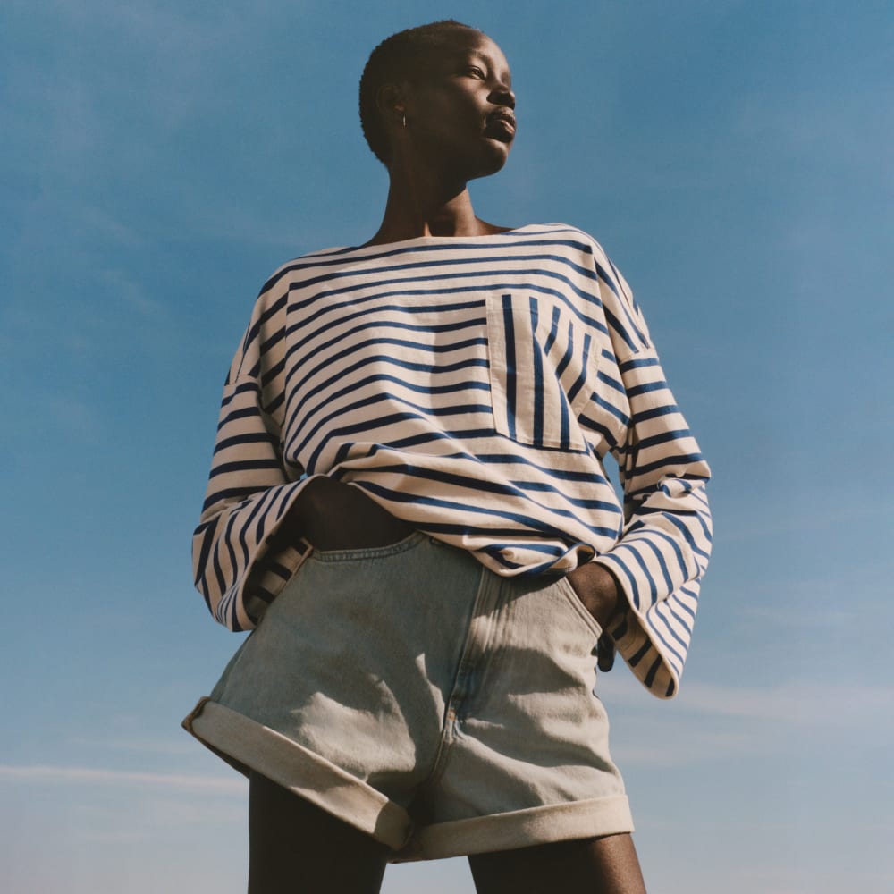 The A-Line Denim Short in Powder Blue — detail view