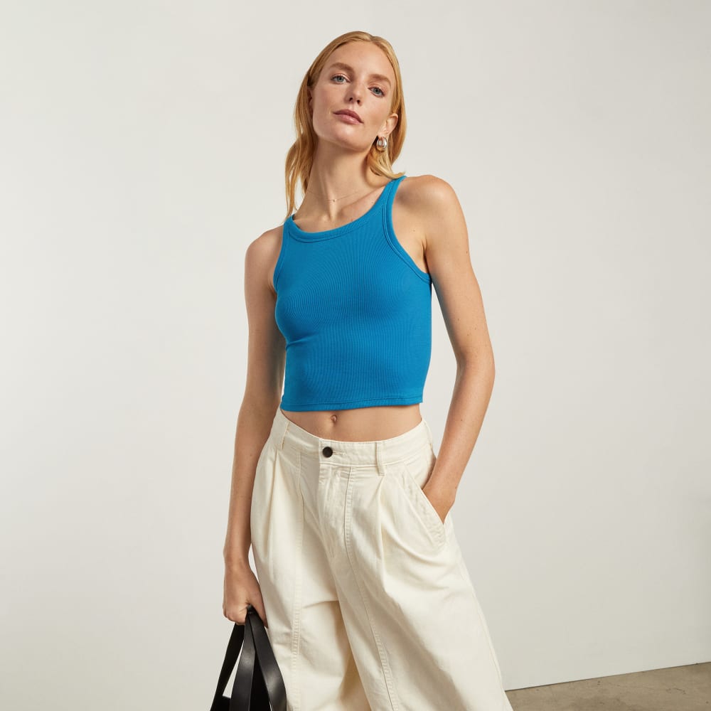 The Pima Micro-Rib Short Tank in Horizon Blue — detail view