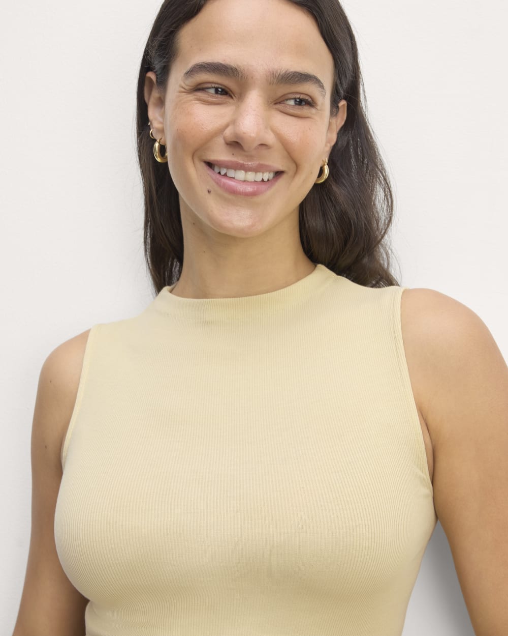 The Luxe Rib Funnel-Neck Tank in Parsnip — detail view