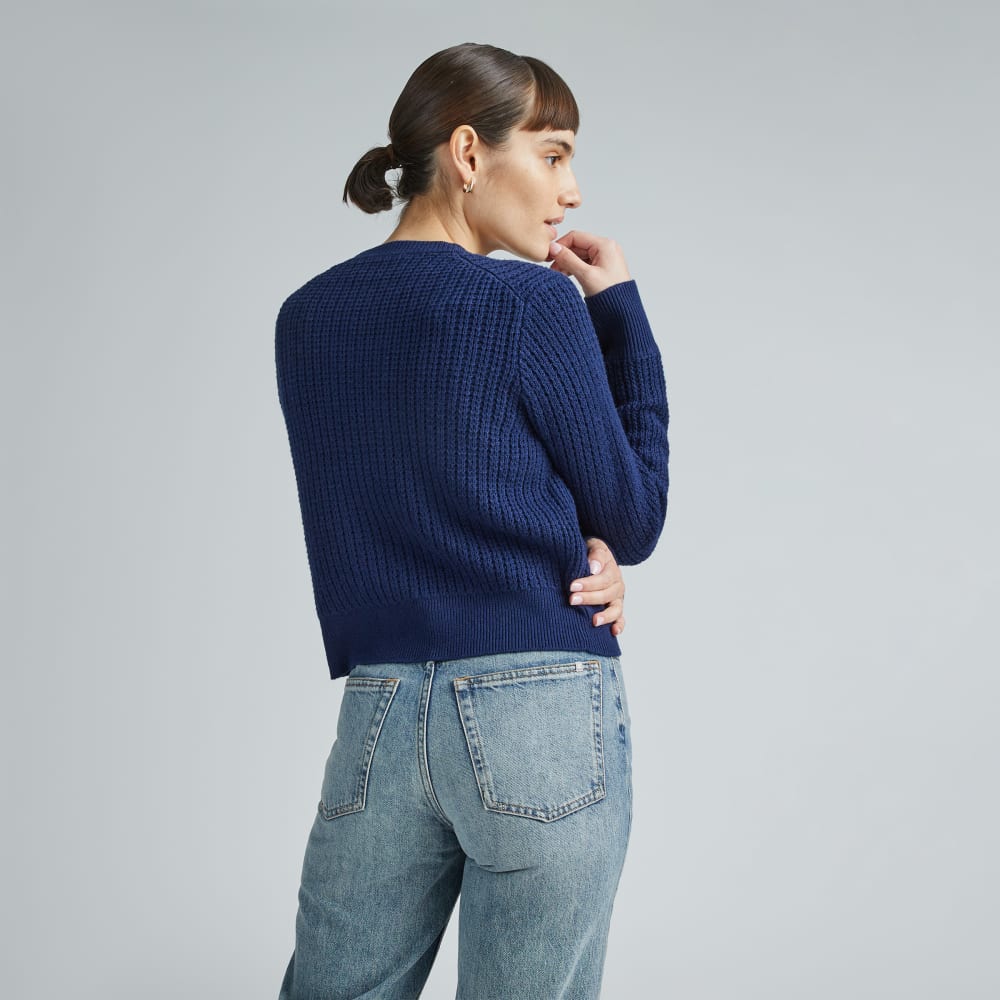The Cropped Cotton-Merino Bomber in Bright Navy — detail view