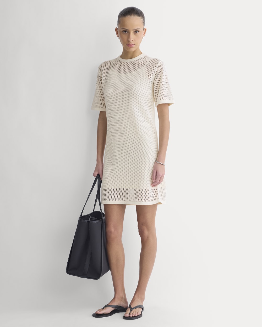 Mesh-Knit Short-Sleeve Dress in Bone — front view