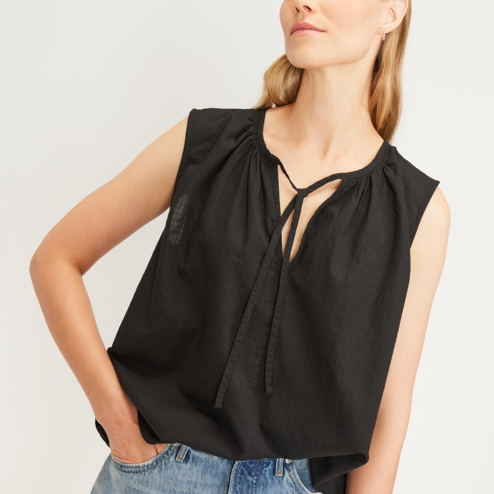 The Gathered Tie-Front Top in Black — detail view