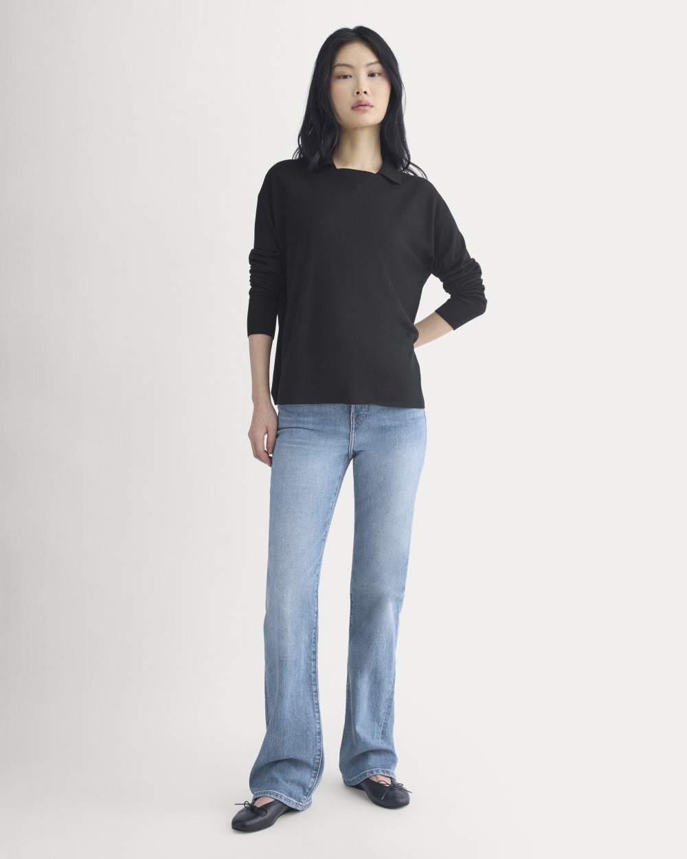 Oversized Polo in Ultrafine Merino in Black — detail view