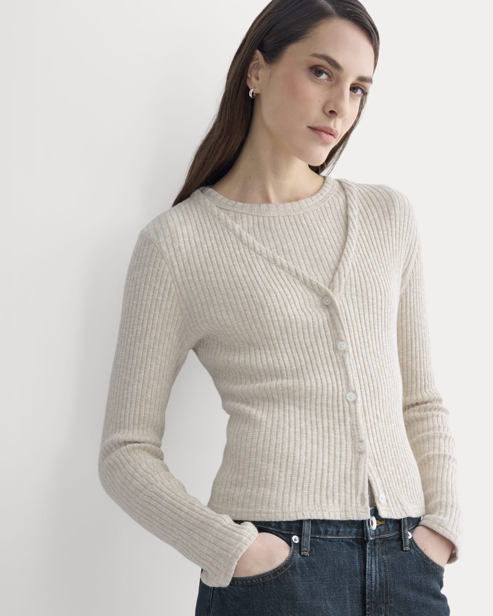 The Cozy Rib Cardigan in Peyote / Bone — front view