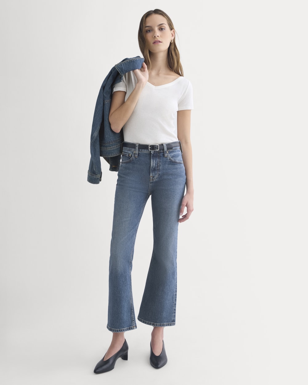 High-Rise Kick Flare Jean in Washed Indigo — front view
