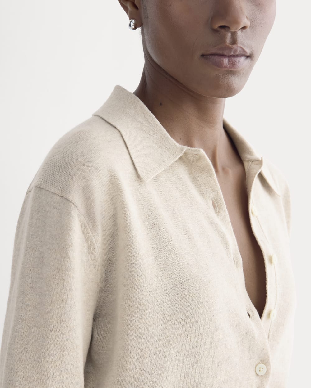 Oversized Polo Sweater in Cotton Merino in Heather Barley — detail view