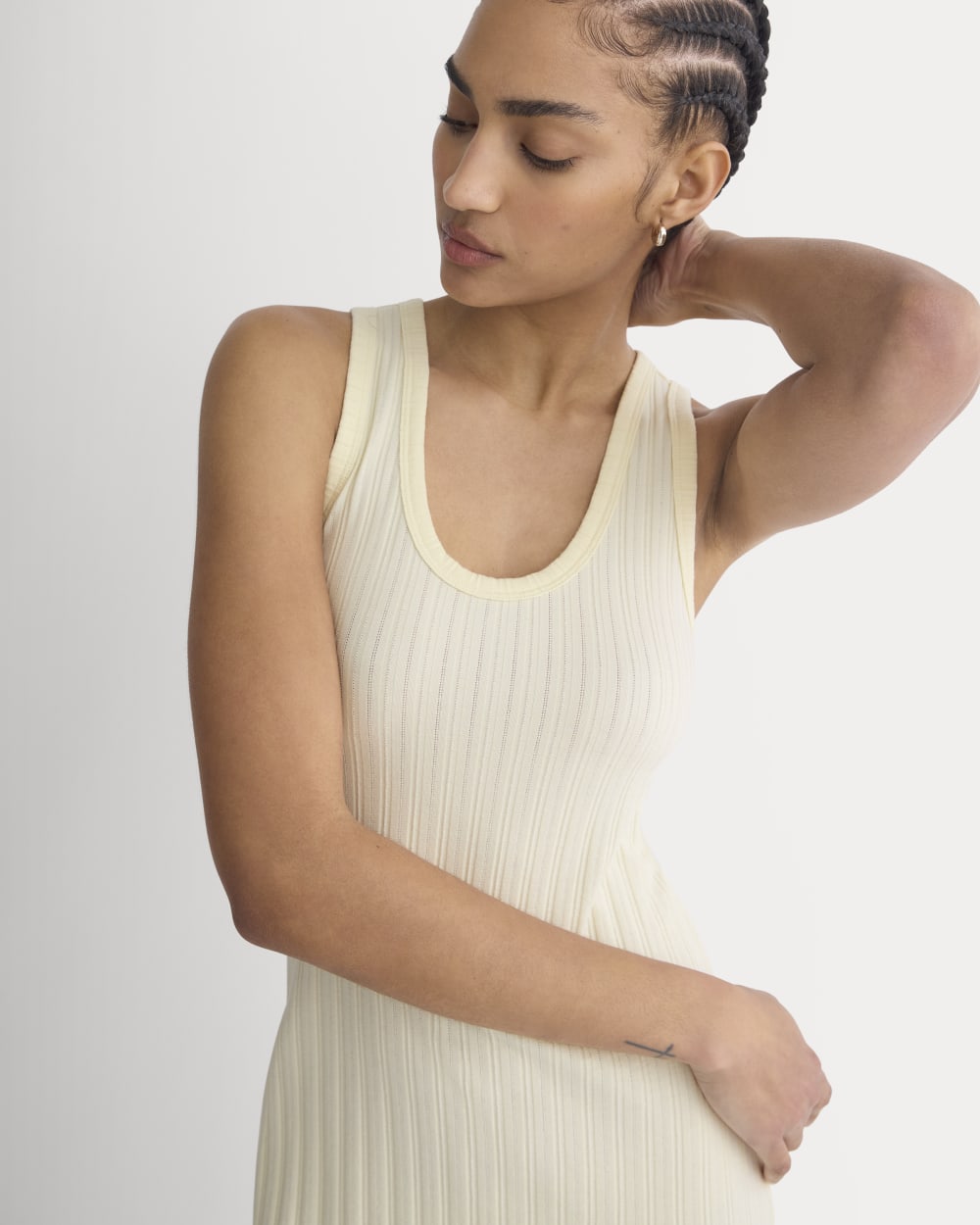 Scoop-Neck Midi Dress in Pointelle Knit in Lemon Icing — detail view