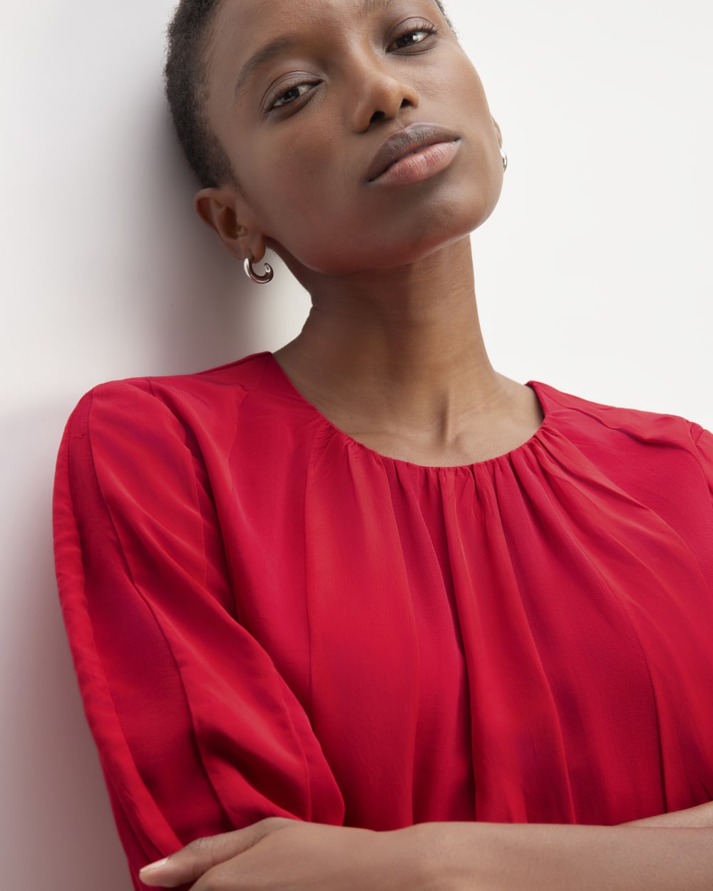 The City Stripe Ruched Dress in Haute Red — detail view