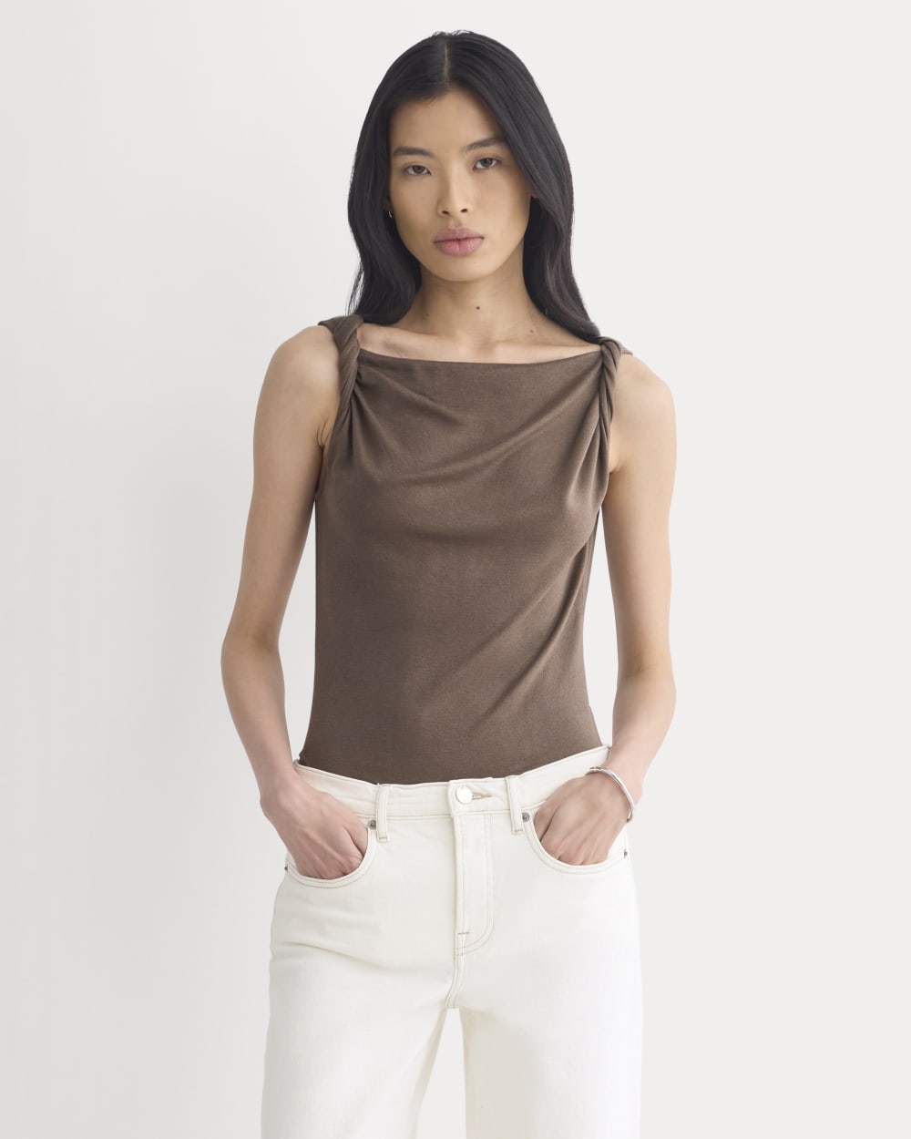 Cowl Neck Twist Tank in Butterluxe in Deep Taupe — front view