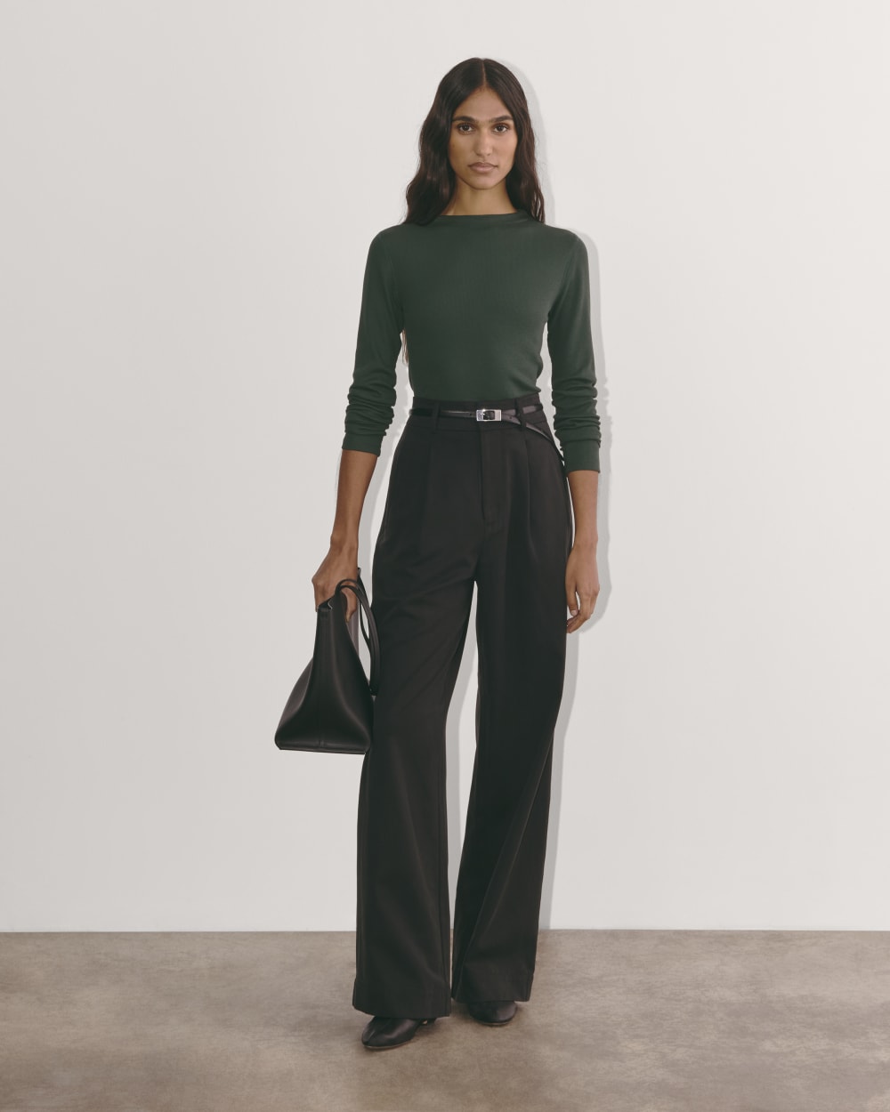 The Luxe Rib Funnel-Neck Tee in Scarab — detail view