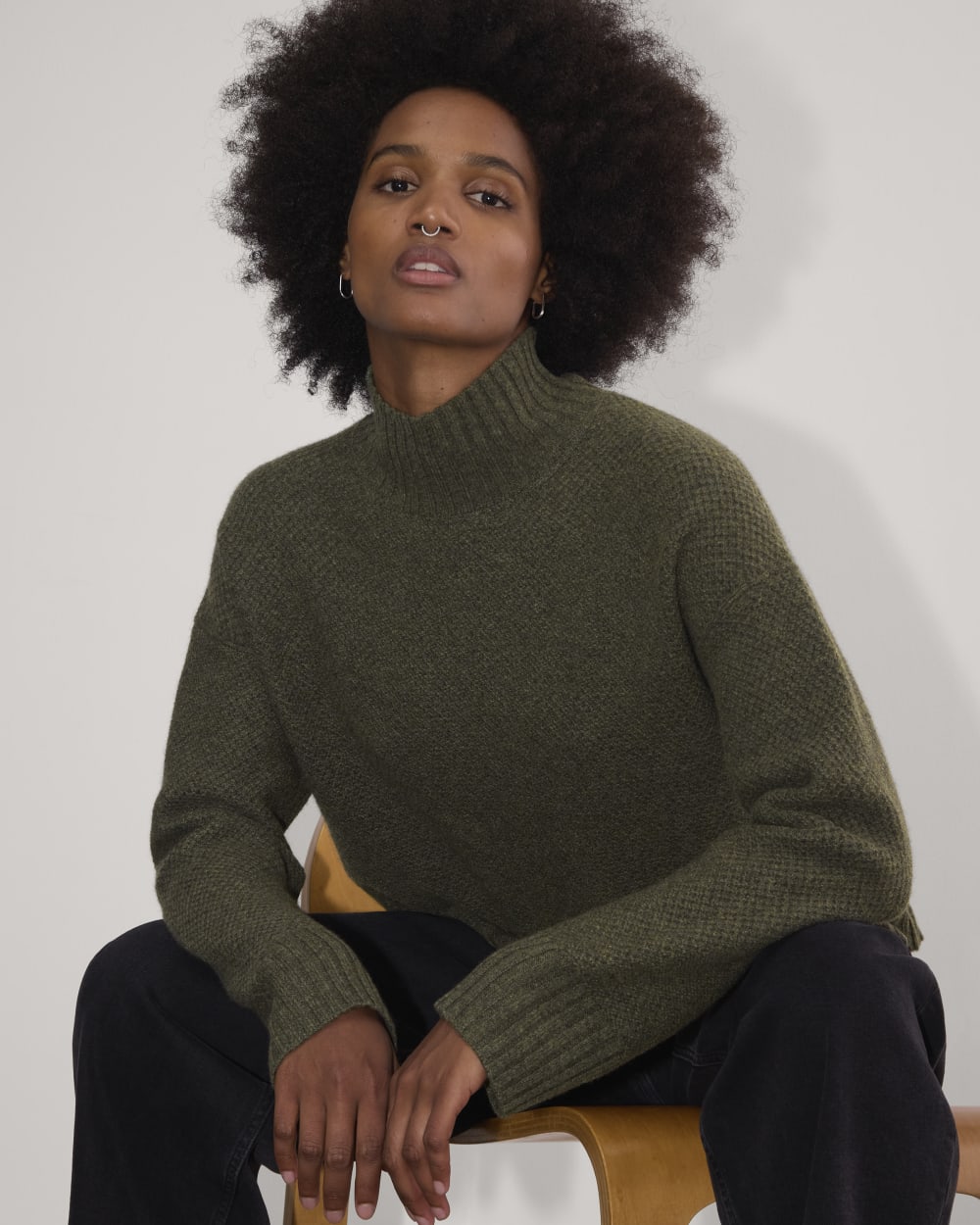 The Honeycomb Funnel Neck in Wool Cashmere in Heathered Army Green — detail view