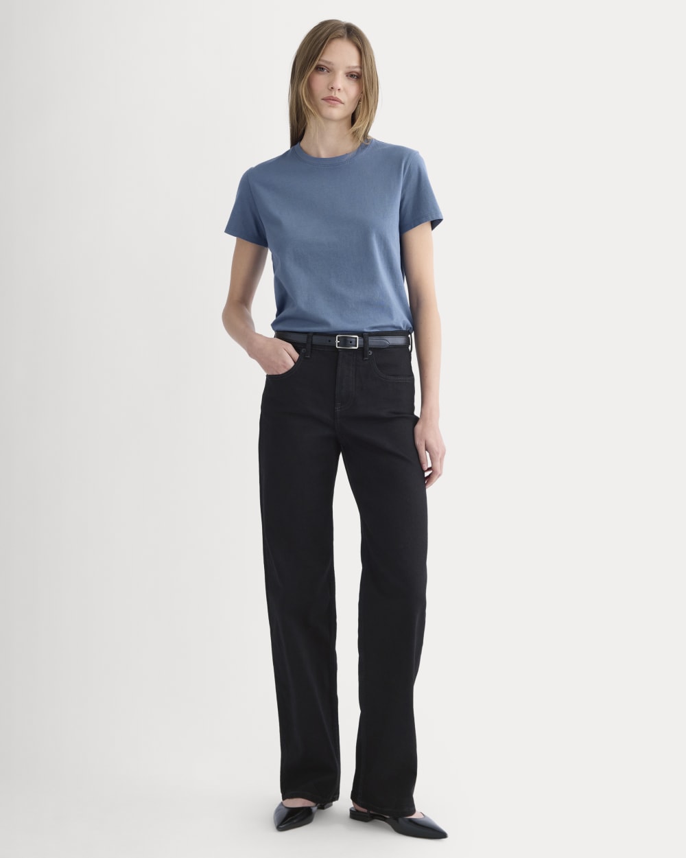 The Box-Cut Tee in Essential Cotton in Faded Navy — detail view
