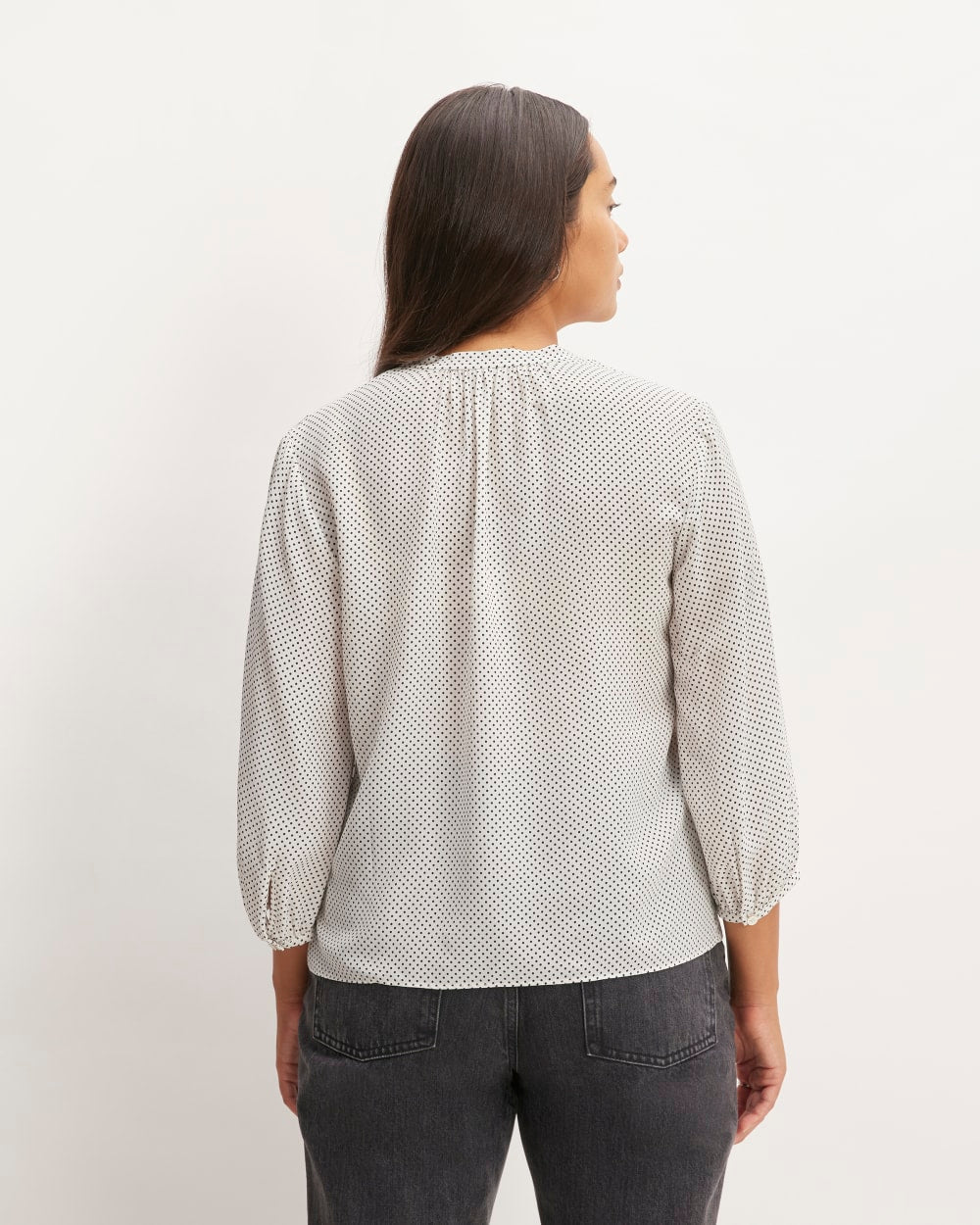 The Washable Clean Silk V-Neck Top in Bone / Black Polka Dot — detail view