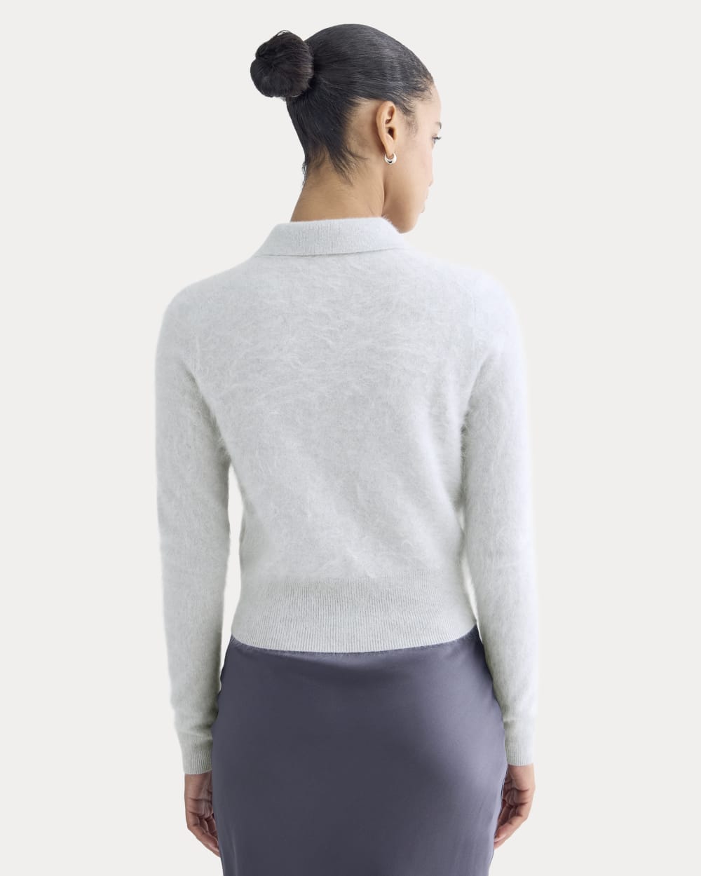 Lush Cashmere Cropped Polo Sweater in Sanderling Gray — detail view
