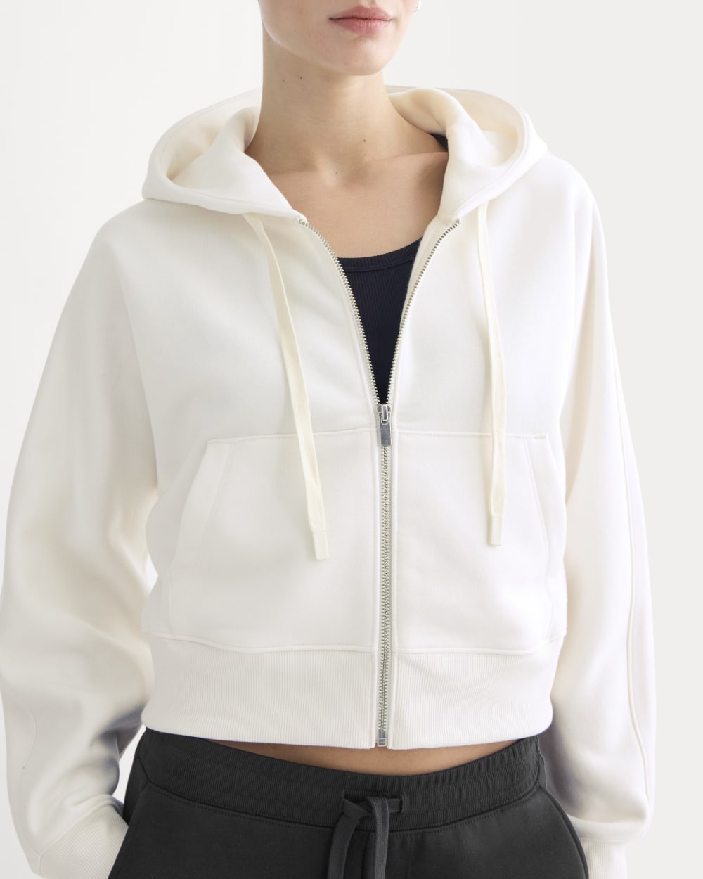 Luxe Fleece Full-Zip Cropped Hoodie in Bone — detail view