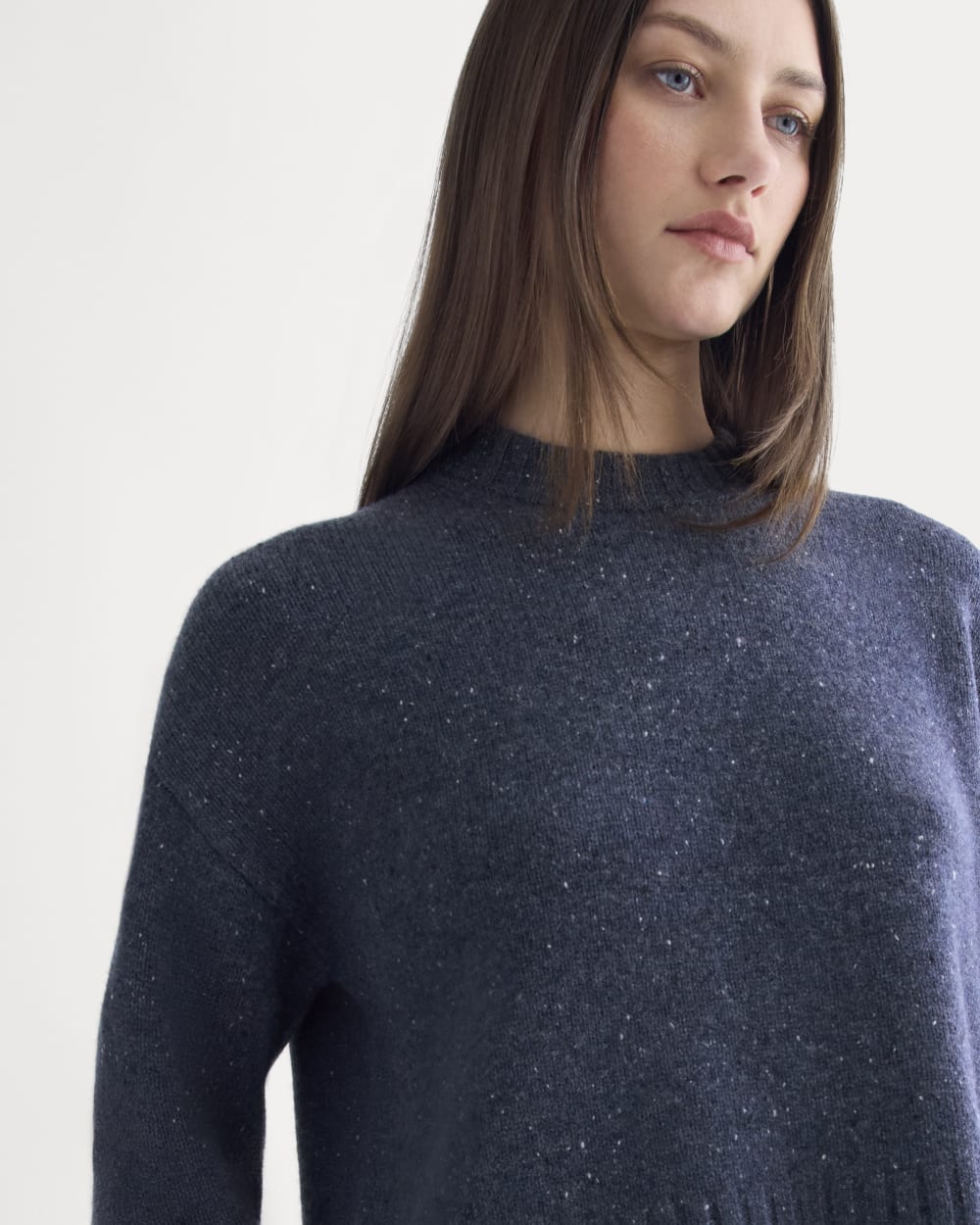 Cropped Boxy Crew in Luxe Merino in Heathered Blue Donegal — detail view