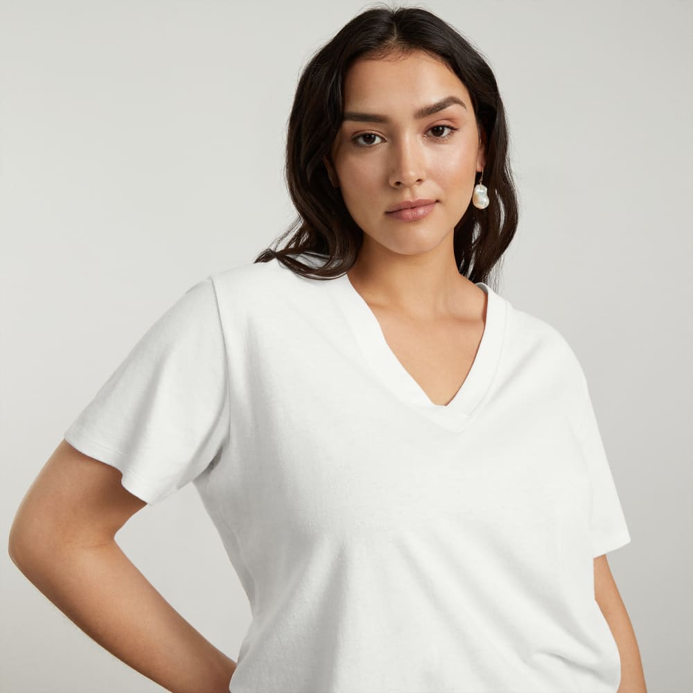 The Vintage V-Neck Hemp Tee in White — detail view