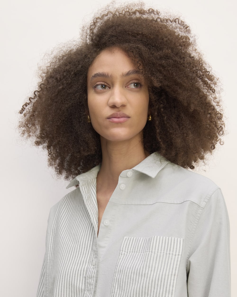 The Everlane x Marques' Almeida Patchwork Relaxed Shirt in Grey Stripe Patchwork — detail view