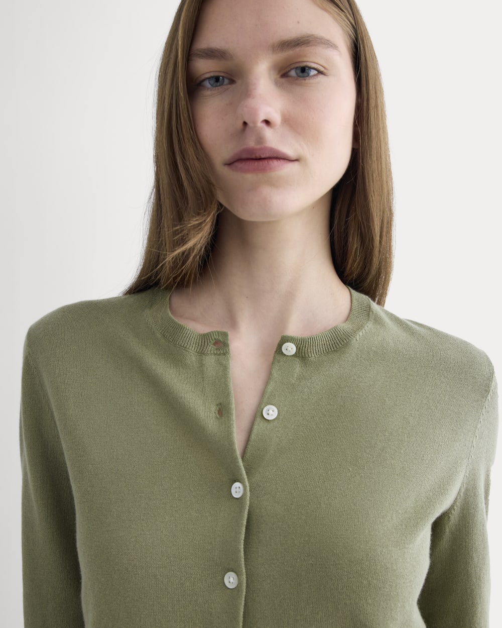 The Cropped Cardigan in Cotton Cashmere in Sagebrush — detail view