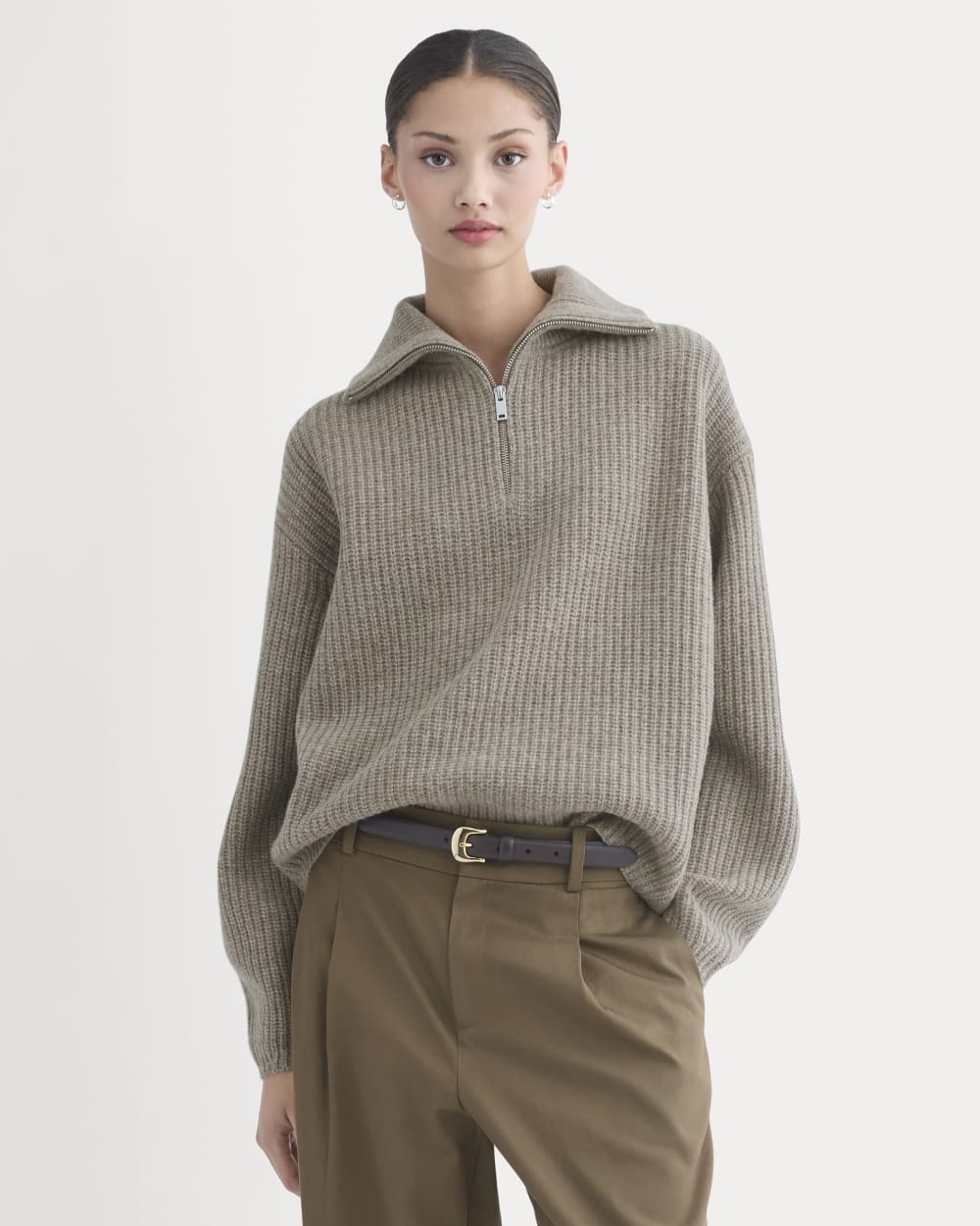 The Half-Zip Sweater in Luxe Merino in Heather Soft Taupe — detail view