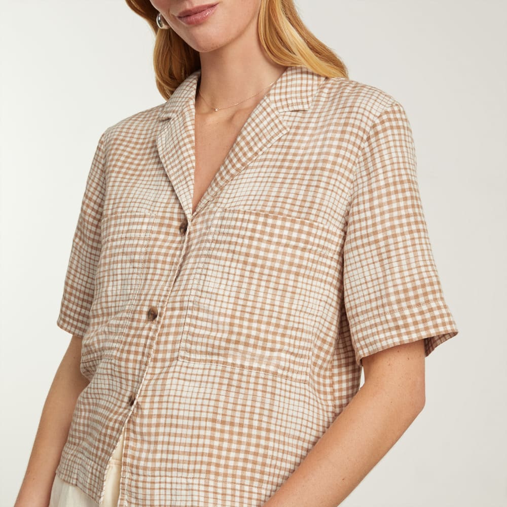 The Linen Workwear Shirt in Iced Coffee Grid — detail view