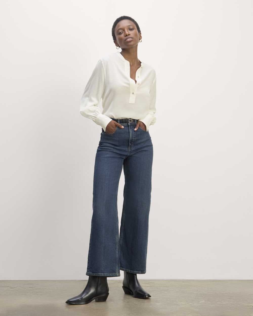 The Henley Shirt in Washable Silk in Off-White — detail view