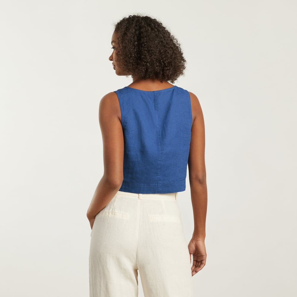 The Linen Button-Front Crop Tank in Deep Blue — detail view