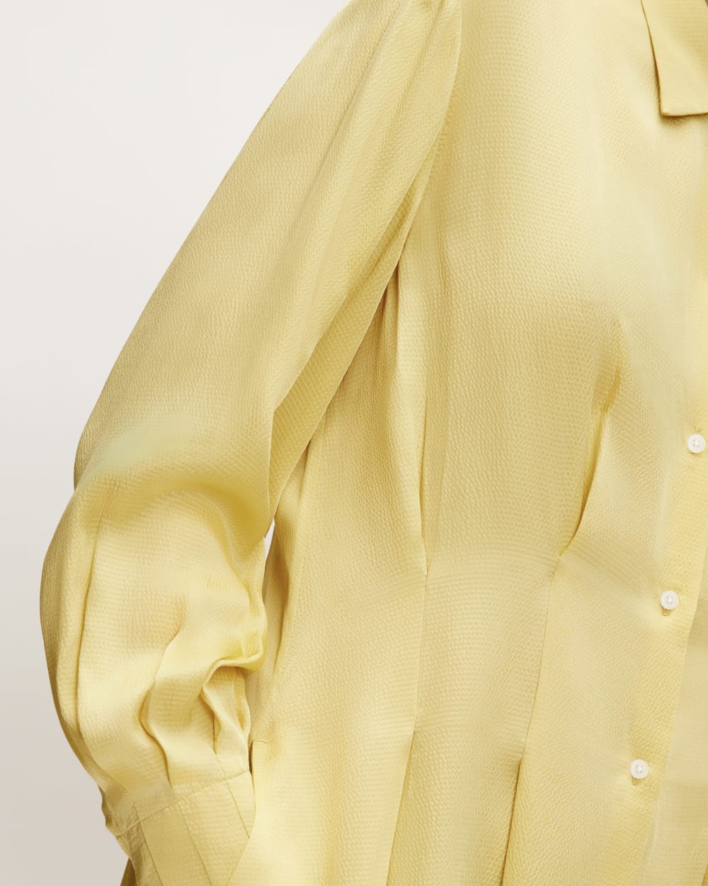 The Hammered Satin Shirt Dress in Raffia — detail view