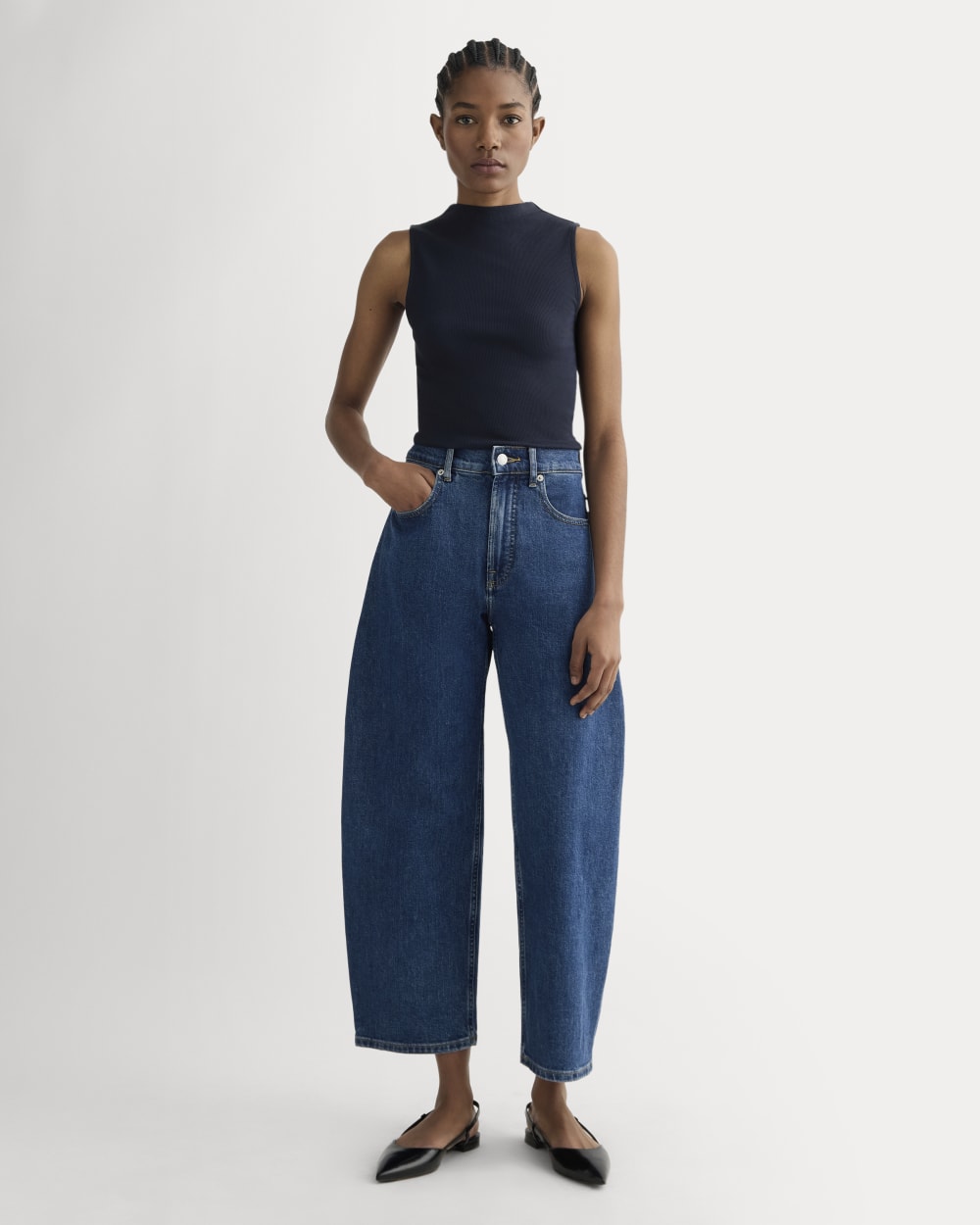 The Luxe Rib Funnel-Neck Tank in Navy — detail view