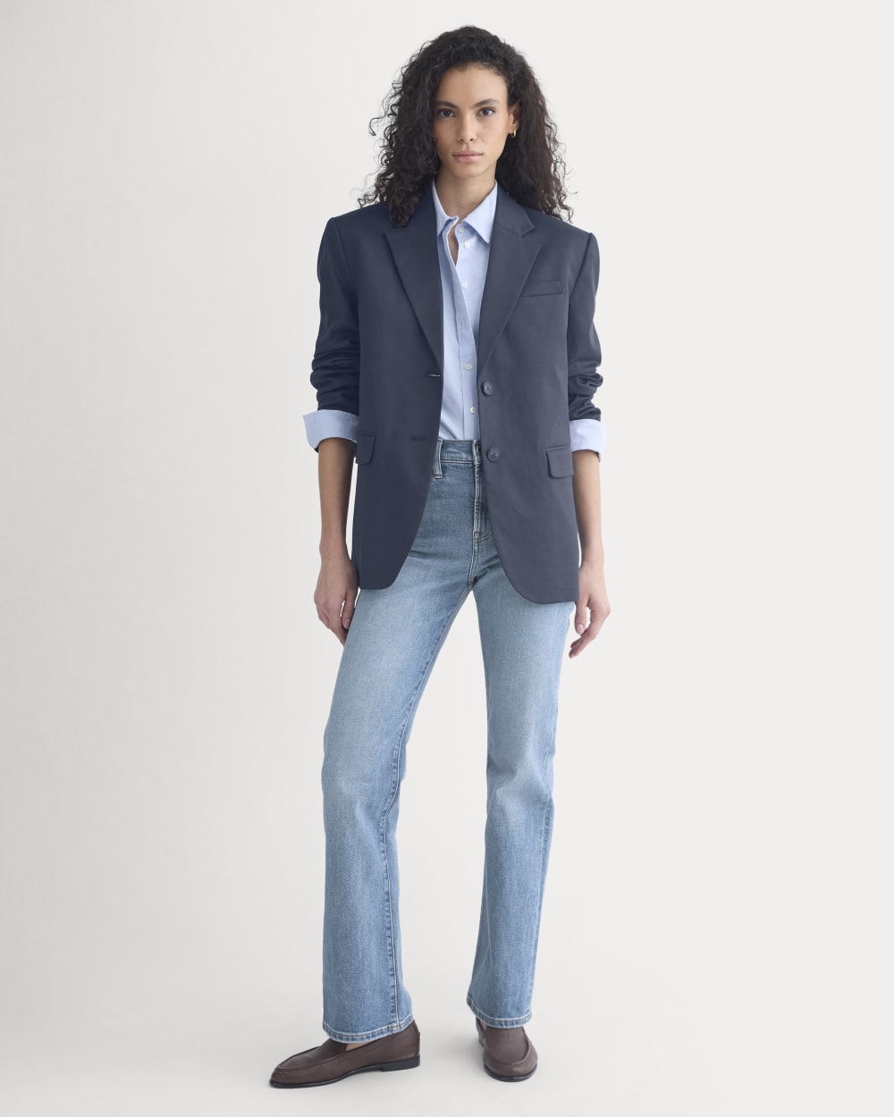 Tailored Drape Blazer in Navy — detail view