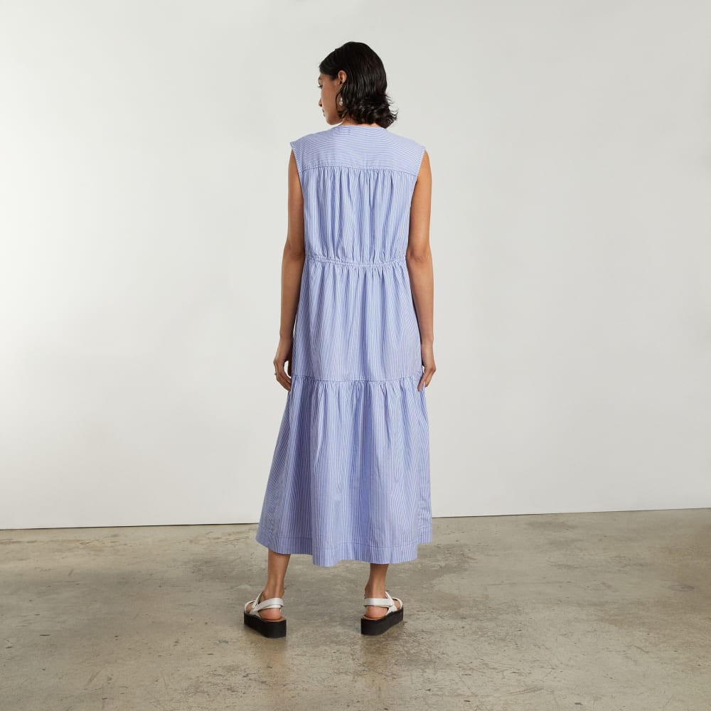 The Tiered Midi Dress in White / Blue Mini Stripe — detail view